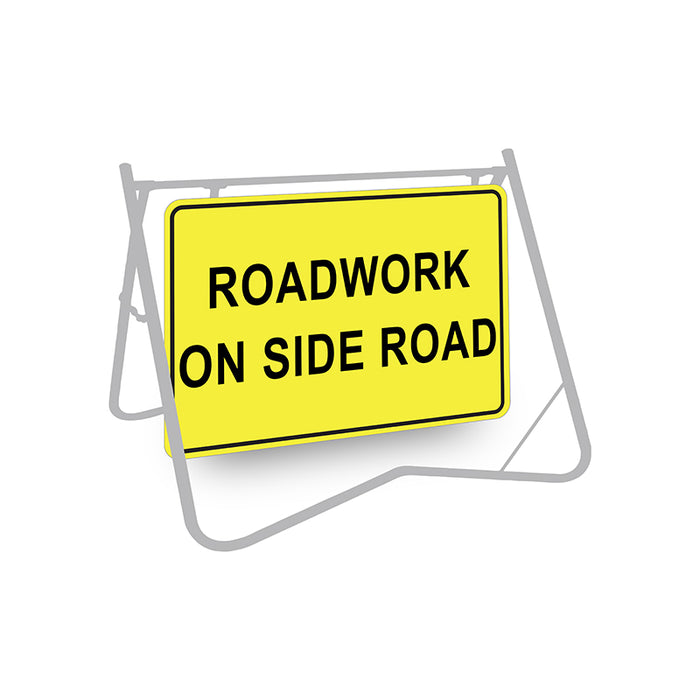 Roadwork On Side Road, 900 x 600mm Metal, Class 1 Reflective, Swing Stand