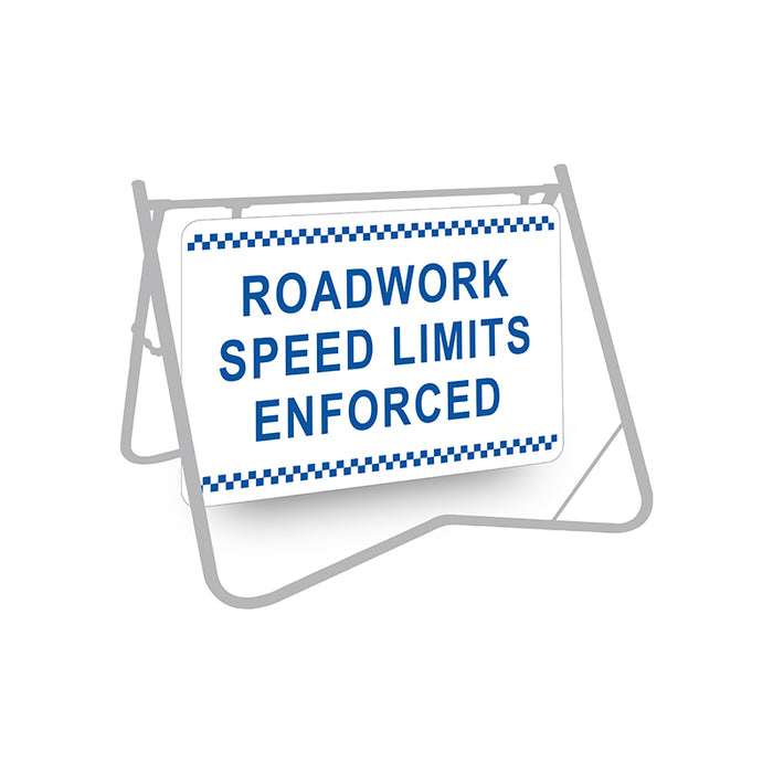 Roadwork Speed Limits Enforced, 900 x 600mm Metal, Class 1 Reflective, Swing Stand