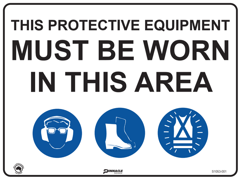Combination Mandatory Sign, In This Area, Hearing/Eye, Footwear, Hi Vis