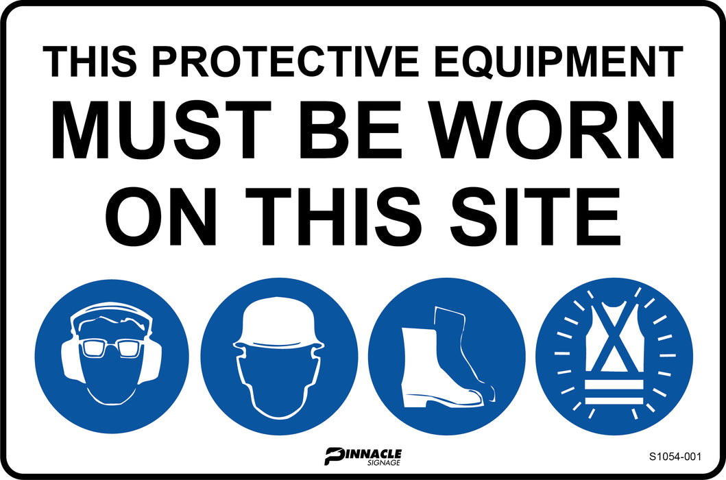 Combination Mandatory Sign, On This Site, Hearing/Eye, Hardhat, Footwear, Hi Vis