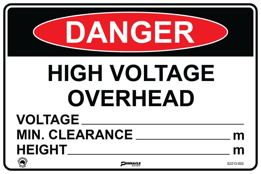 Danger High Voltage Overhead, Voltage/Min Clearance/Height
