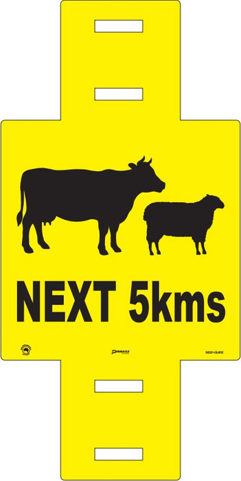 Stock (Sheep & Cattle Picto) Next 5km Sign, 600 x 600mm Corflute Guide Post Sign