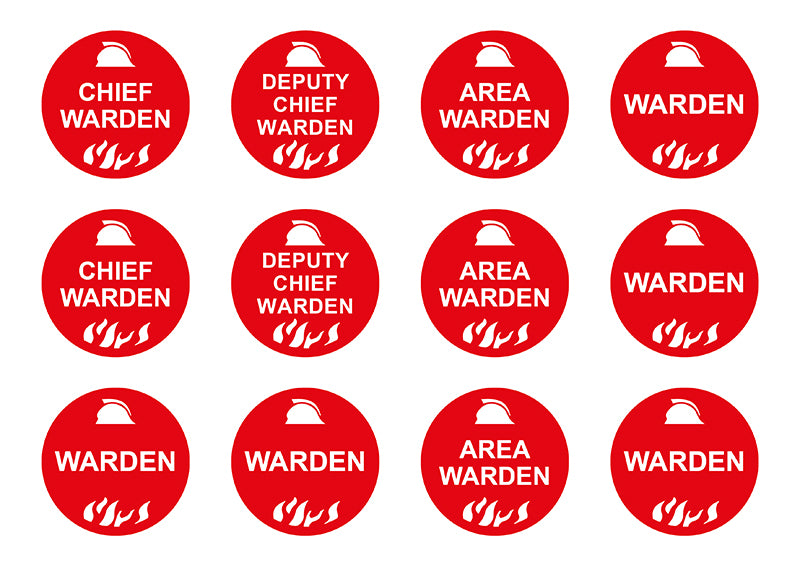 Fire Warden (Assorted), 50mm Round Hardhat Stickers, Pack/12