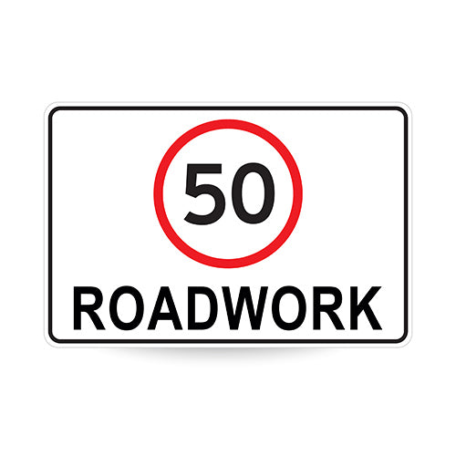50 Roadwork (Speed Limit), 900 x 600mm Metal, Class 1 Reflective, Swing Stand