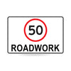 50 Roadwork (Speed Limit), 900 x 600mm Metal, Class 1 Reflective, Swing Stand