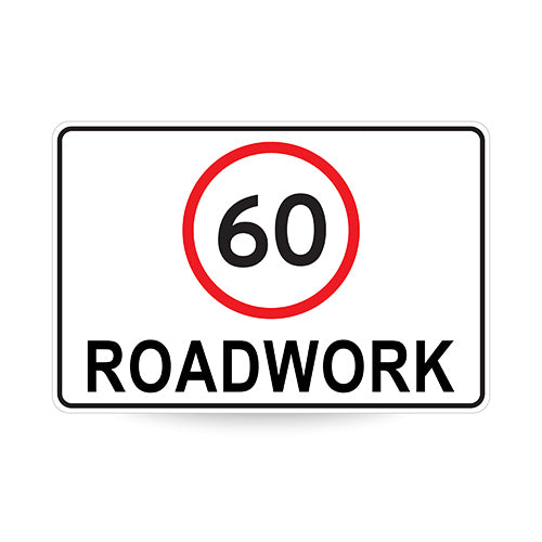 60 Roadwork (Speed Limit), 900 x 600mm Metal, Class 1 Reflective, Swing Stand