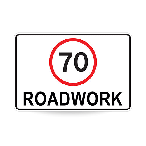 70 Roadwork (Speed Limit), 900 x 600mm Metal, Class 1 Reflective, Swing Stand