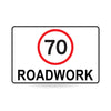 70 Roadwork (Speed Limit), 900 x 600mm Metal, Class 1 Reflective, Swing Stand
