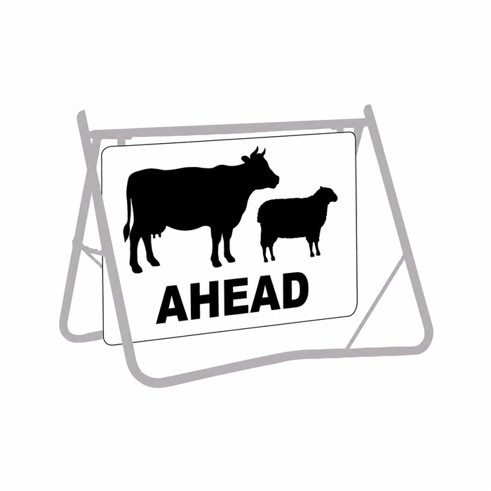 Stock Ahead (Sheep & Cattle Picto + Ahead Text), 900 x 600mm Metal, Class 1 White Refl, Swing Stand