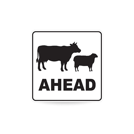 Stock Ahead (Sheep & Cattle Picto + Ahead Text), 600 x 600mm Metal, Class 1 White Refl, Swing Stand