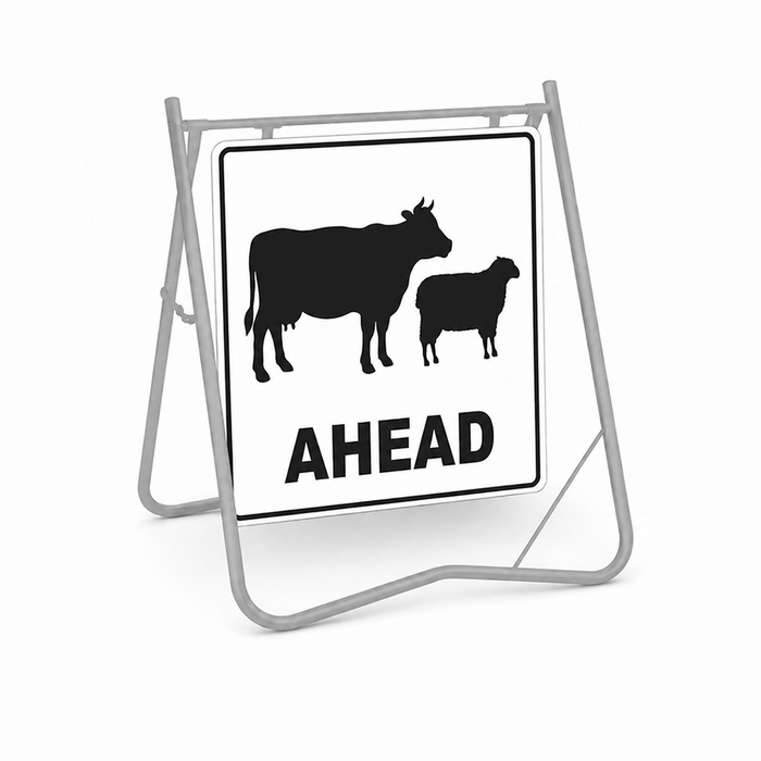 Stock Ahead (Sheep & Cattle Picto + Ahead Text), 600 x 600mm Metal, Class 1 White Refl, Swing Stand