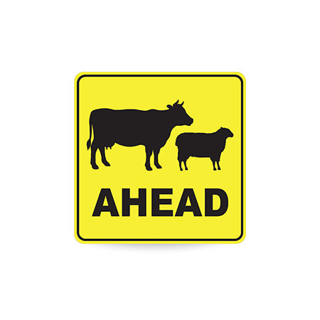 Stock Ahead (Sheep & Cattle Picto + Ahead Text), 600 x 600mm Metal, Class 1 Reflective, Swing Stand
