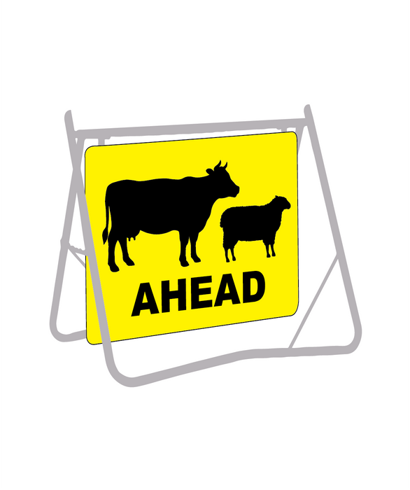 Stock Ahead (Sheep & Cattle Picto), 600 x 600mm Metal, Class 1 Reflective, Swing Stand