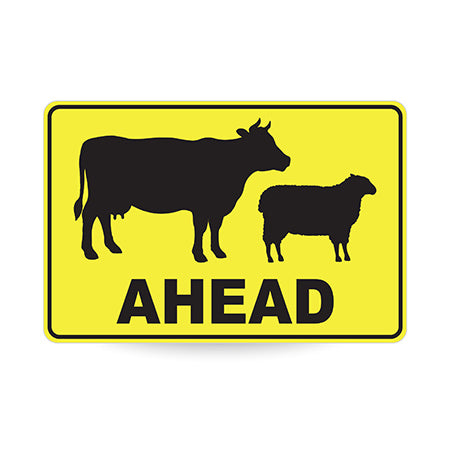 Stock Ahead (Sheep & Cattle Picto + Ahead Text), 900 x 600mm Metal, Class 1 Reflective, Swing Stand