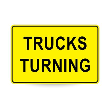 Trucks Turning (Text), 900 x 600mm Metal, Class 1 Reflective, Swing Stand