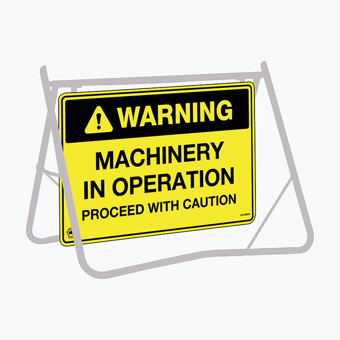 Warning Machinery In Operation, 900 x 600mm Metal, Class 1 Reflective, Swing Stand