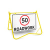 50 Roadwork (Speed Limit), 900 x 600mm Metal, Class 1 Reflective, Swing Stand