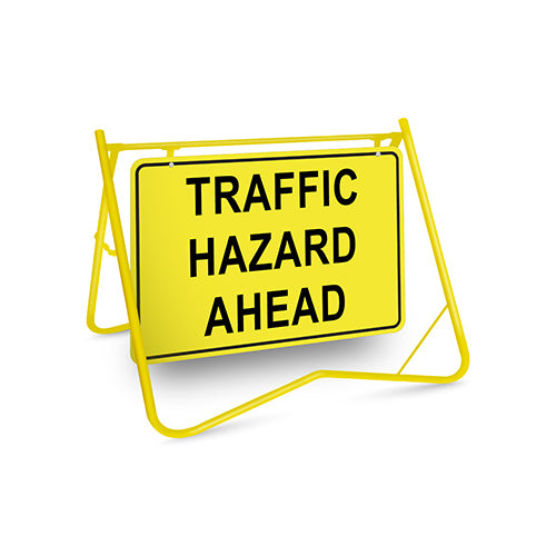 Traffic Hazard Ahead, 900 x 600mm Metal, Class 1 Reflective, Swing Stand
