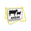 Stock Ahead (Sheep & Cattle Picto + Ahead Text), 900 x 600mm Metal, Class 1 White Refl, Swing Stand
