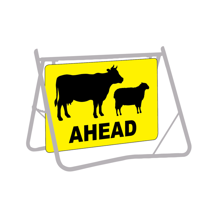 Stock Ahead (Sheep & Cattle Picto), 900 x 600mm Metal, Class 1 Reflective, Swing Stand