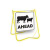 Stock Ahead (Sheep & Cattle Picto + Ahead Text), 600 x 600mm Metal, Class 1 White Refl, Swing Stand