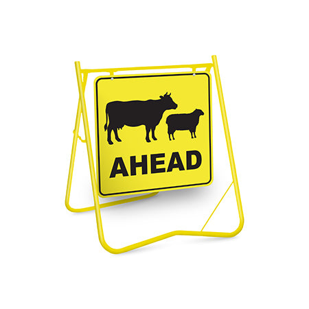 Stock Ahead (Sheep & Cattle Picto + Ahead Text), 600 x 600mm Metal, Class 1 Reflective, Swing Stand