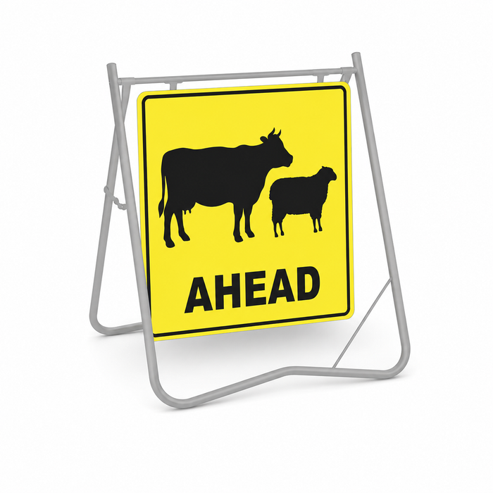 Stock Ahead (Sheep & Cattle Picto + Ahead Text), 600 x 600mm Metal, Class 1 Reflective, Swing Stand