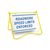 Roadwork Speed Limits Enforced, 900 x 600mm Metal, Class 1 Reflective, Swing Stand