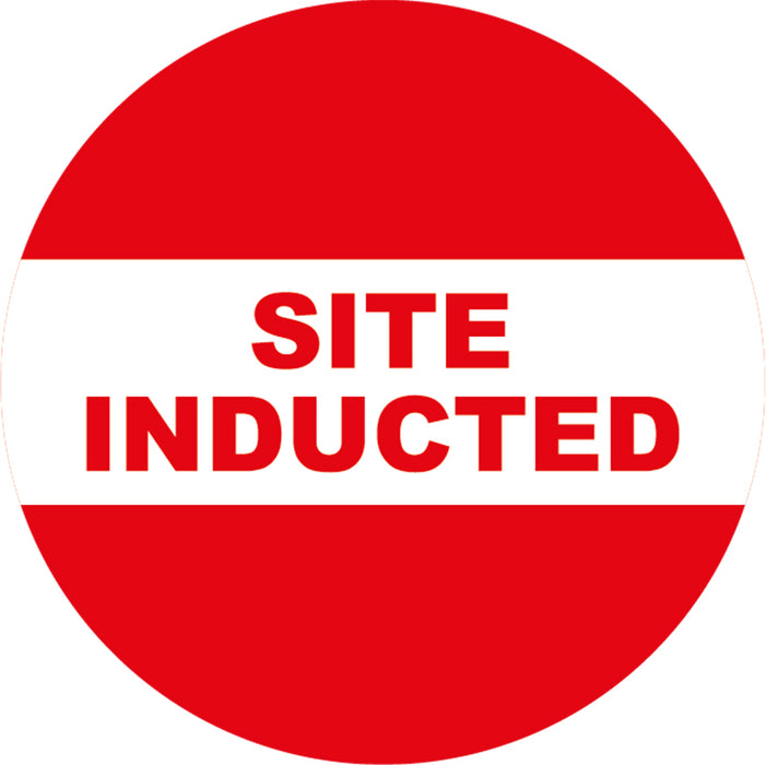 Site Inducted, Red/White, 50mm Round Hardhat Stickers, Pack/12