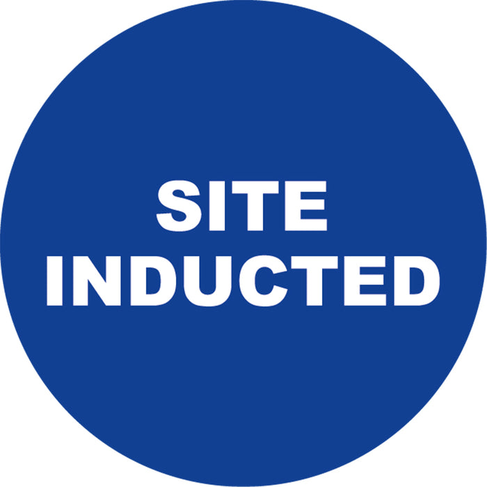 Site Inducted, Blue/White, 50mm Round Hardhat Stickers, Pack/12