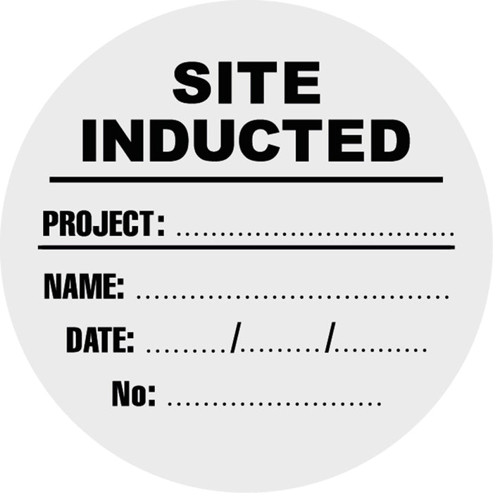 Site Inducted (Project, Name, Date, No), Black/White, 50mm Round Hardhat Stickers, Pack/12