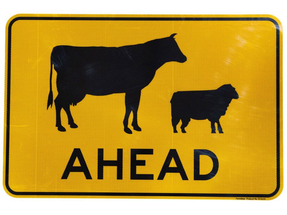 Stock Ahead Sign (Sheep & Cattle Picto + Ahead Text), 900 x 600mm, Class 1 Reflective, Aluminium