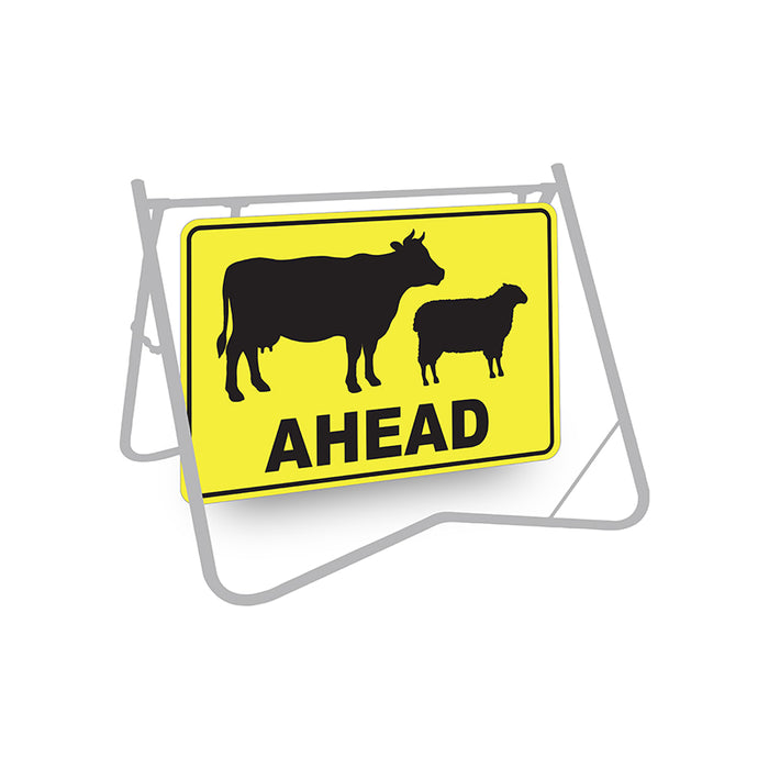 Stock Ahead (Sheep & Cattle Picto + Ahead Text), 900 x 600mm Metal, Class 1 Reflective, Swing Stand