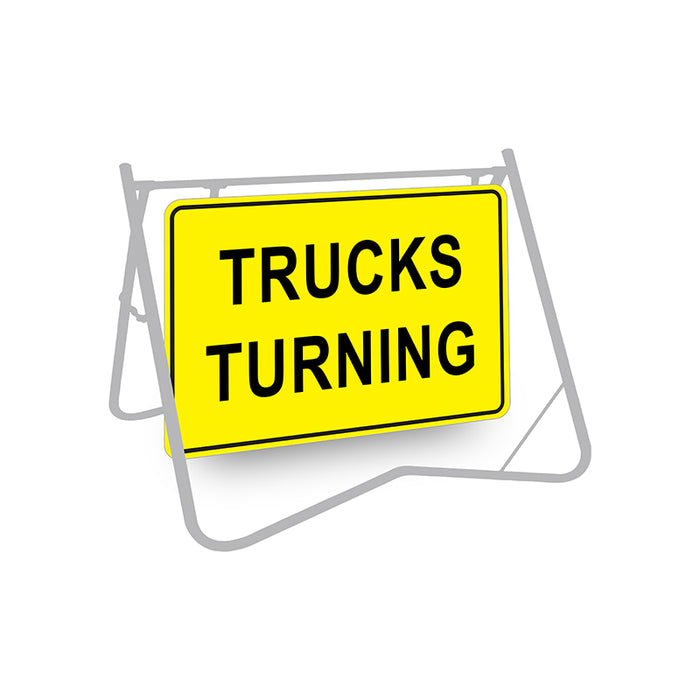Trucks Turning (Text), 900 x 600mm Metal, Class 1 Reflective, Swing Stand