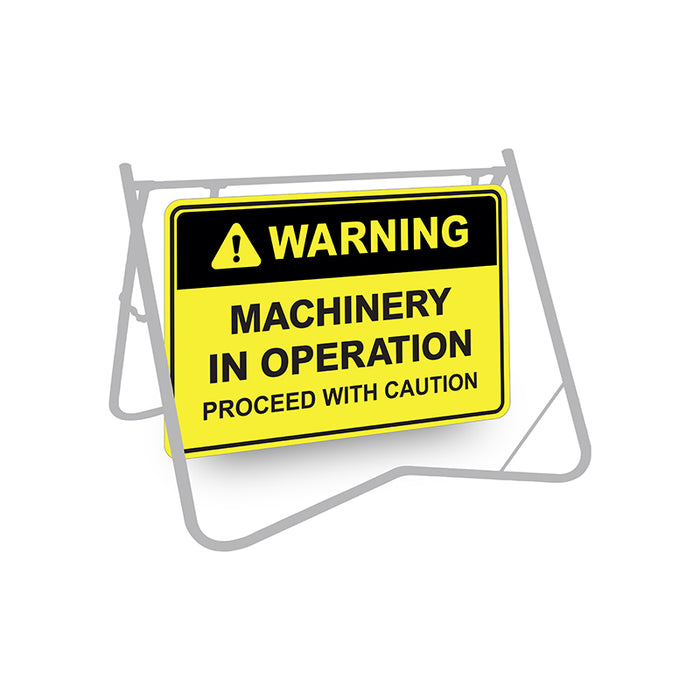 Warning Machinery In Operation, 900 x 600mm Metal, Class 1 Reflective, Swing Stand