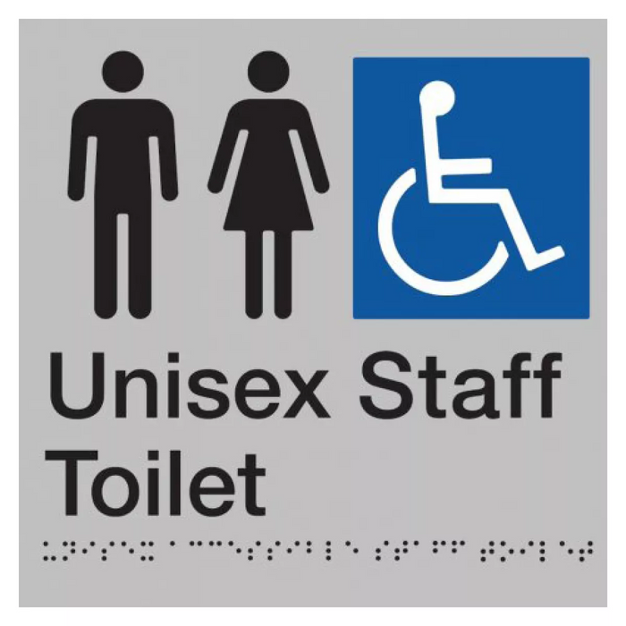 Braille Sign, Unisex Wheelchair Accessible Staff Toilet, 210 x 180mm, Silver/Black PVC