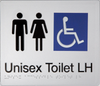 Braille Sign, Unisex Wheelchair Accessible Toilet Left Hand, 210 x 180mm, Silver/Black PVC