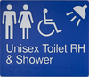 Braille Sign, Unisex Wheelchair Accessible Toilet & Shower Right Hand, 235 x 180mm, Blue/White PVC
