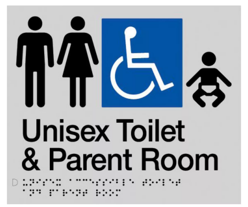 Braille Sign, Unisex Wheelchair Accessible Toilet & Parent Room, 210 x 180mm, Silver/Black PVC