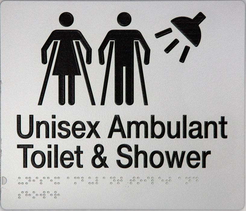 Braille Sign, Unisex Ambulant Toilet & Shower, 210 x 180mm, Silver/Black PVC