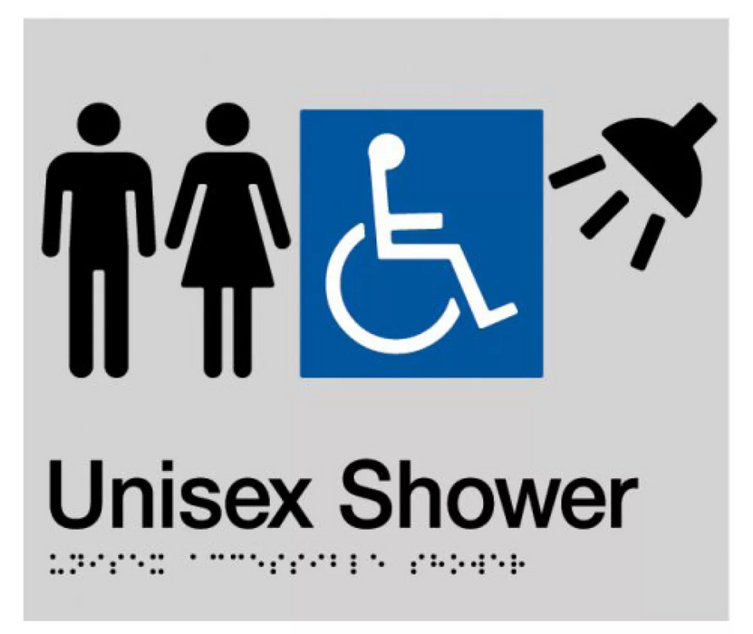 Braille Sign, Unisex Wheelchair Accessible Shower, 210 x 180mm, Silver/Black PVC