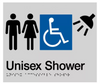 Braille Sign, Unisex Wheelchair Accessible Shower, 210 x 180mm, Silver/Black PVC