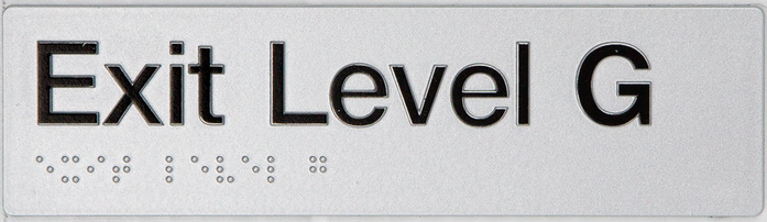 Braille Sign, Exit Level Ground, 180 x 50mm, Silver/Black PVC