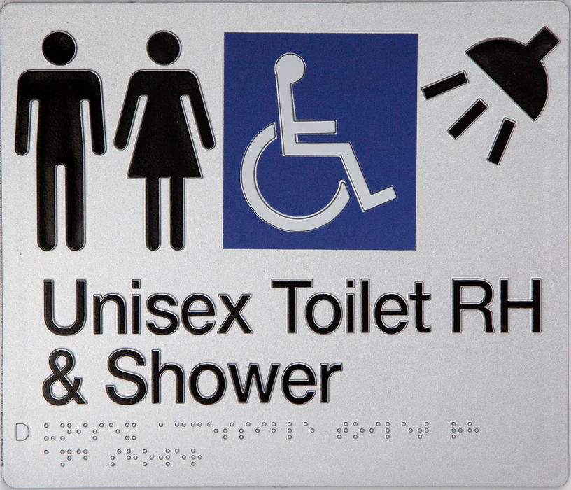 Braille Sign, Unisex Wheelchair Accessible Toilet & Shower Right Hand, 210 x 180mm, Silver/Black PVC