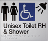Braille Sign, Unisex Wheelchair Accessible Toilet & Shower Right Hand, 235 x 180mm, Silver/Black PVC