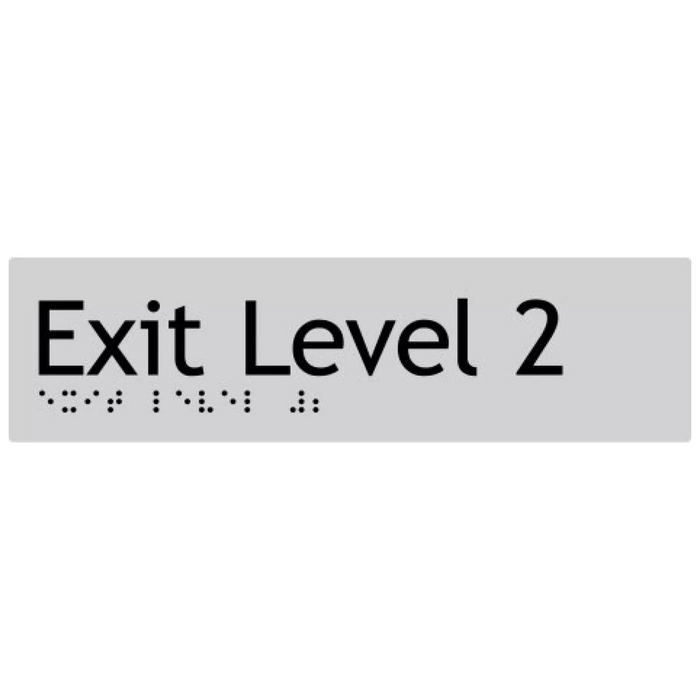 Braille Sign, Exit Level 2, 180 X 50mm, Silver/Black PVC — Pinnacle Signage
