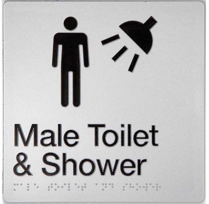 Braille Sign, Male Toilet & Shower, 180 x 180mm, Silver/Black PVC