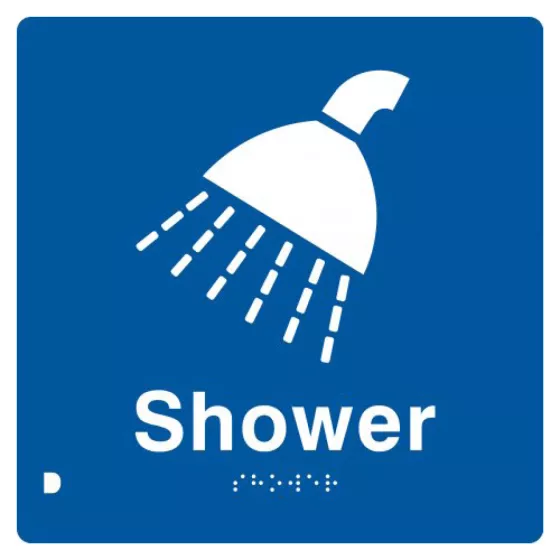 Braille Sign, Shower, 180 x 180mm, Blue/White PVC