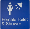 Braille Sign, Female Toilet & Shower, 210 x 180mm, Blue/White PVC