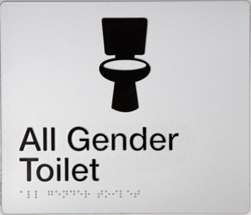 Braille Sign, All Gender Wheelchair Accessible Toilet, 210 x 180mm, Silver/Black PVC